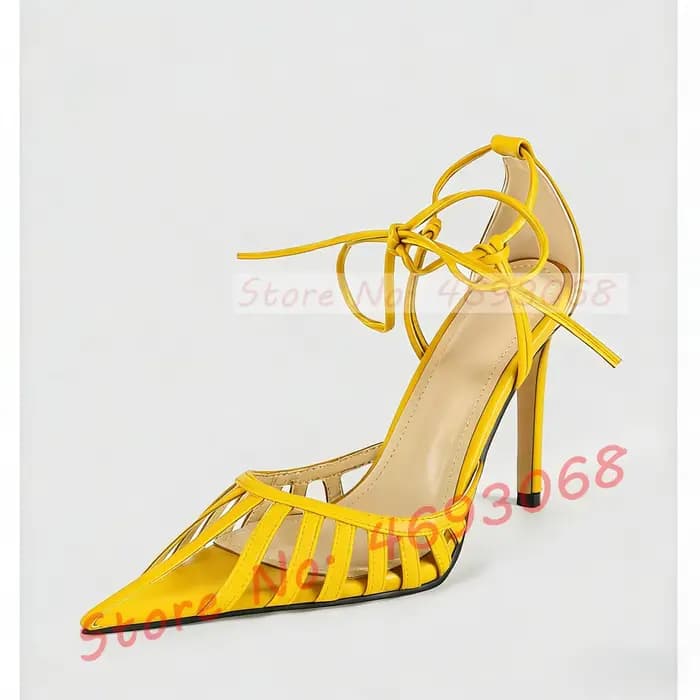 Nouvelles sandales marron à bout pointu pour femme, sexy, à découpes, à talons aiguilles, à lacets c