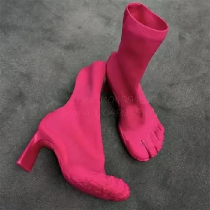 Femmes Fuchsia daim cinq doigts bottes en cuir noir bout fendu talon carré mi-mollet bottes sexy mod