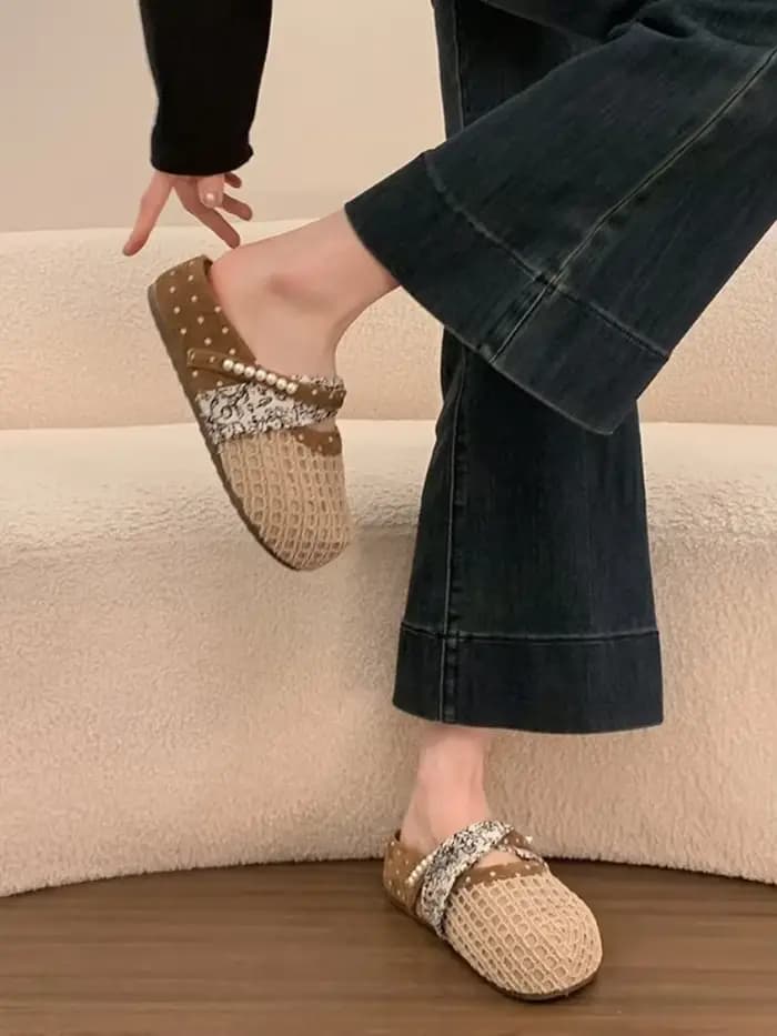 Mules Mary Jane en maille respirante pour femmes, sandales à pois français avec perles, confortables