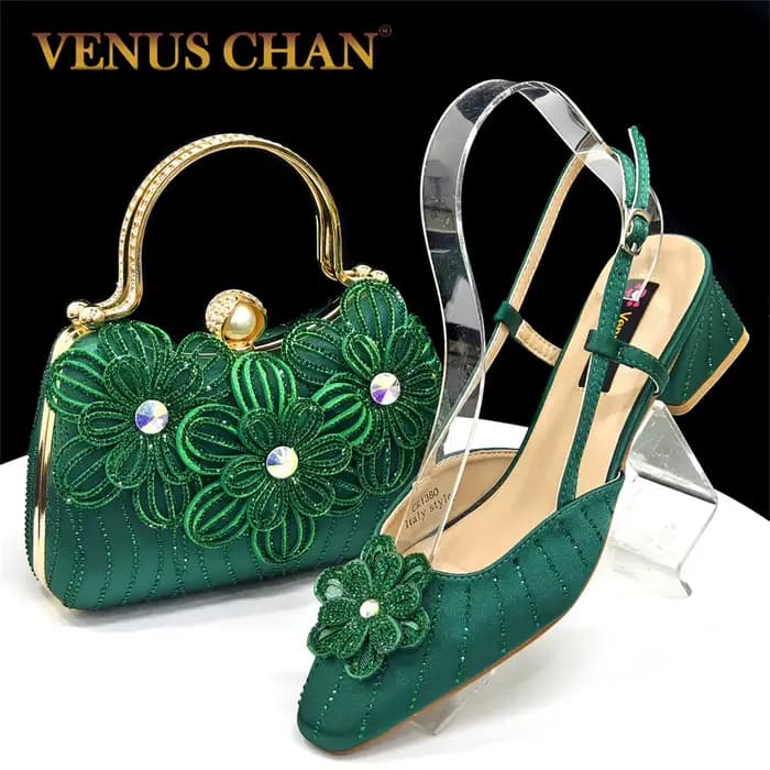 Escarpins et sac italiens pour fête, Style INS, bout pointu, strass, talons hauts élégants, couleur
