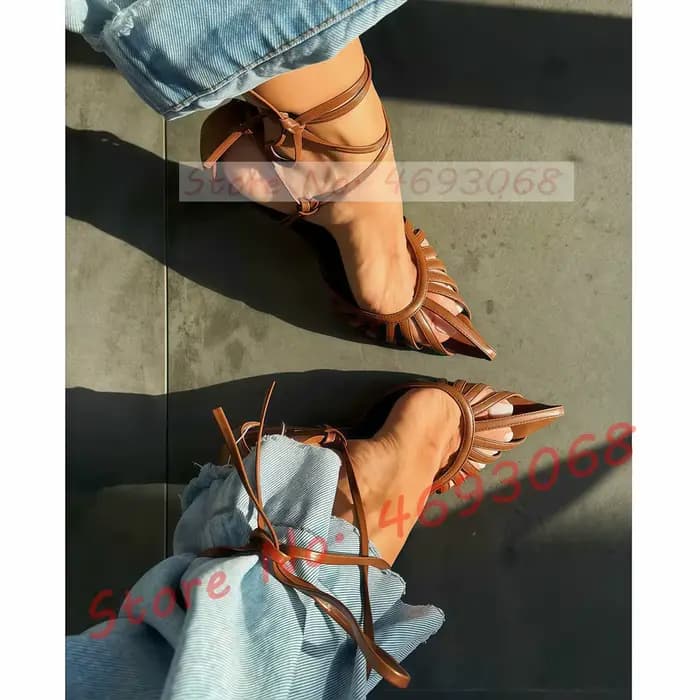 Nouvelles sandales marron à bout pointu pour femme, sexy, à découpes, à talons aiguilles, à lacets c