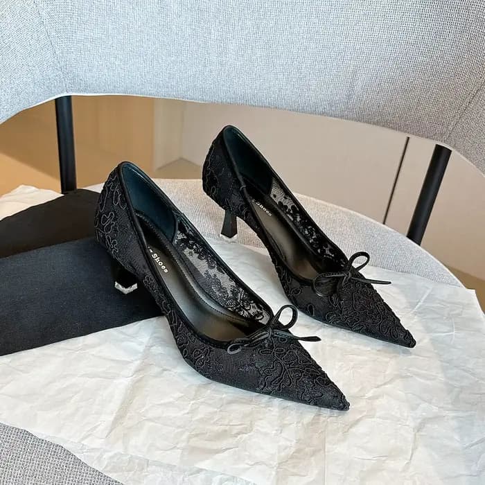 Escarpins Femme Printemps 2026 Nouveauté Dentelle Bout Pointu Nœud Maille Talon Fin Bouche Légère Co