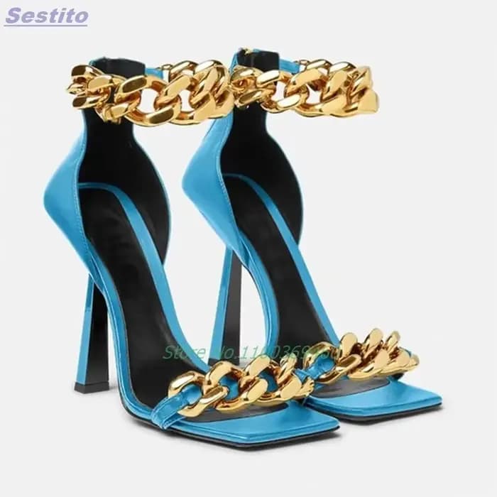 Sandales à talons aiguilles en métal avec chaîne épaisse, bout carré, fermeture éclair arrière, brid