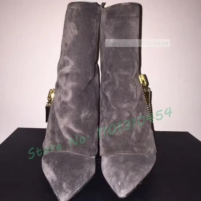 Bottines décoratives à fermeture éclair dorée pour femmes, chaussures élégantes à bout pointu, talon