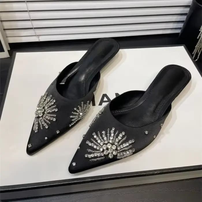 Pantoufles à talons en cristal pour femmes, chaussures à bout pointu, sandales à talons élégantes, t