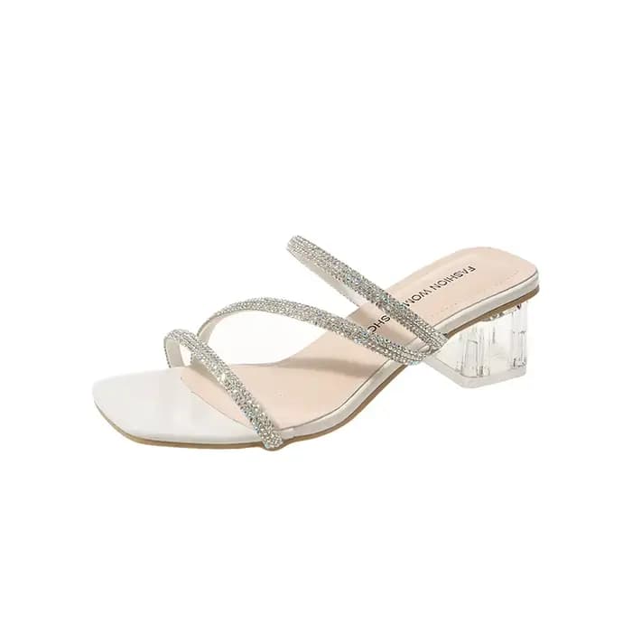 Sandales à biscuits pour femmes, pantoufles à talons carrés en cristal, simples et brillantes, vacan