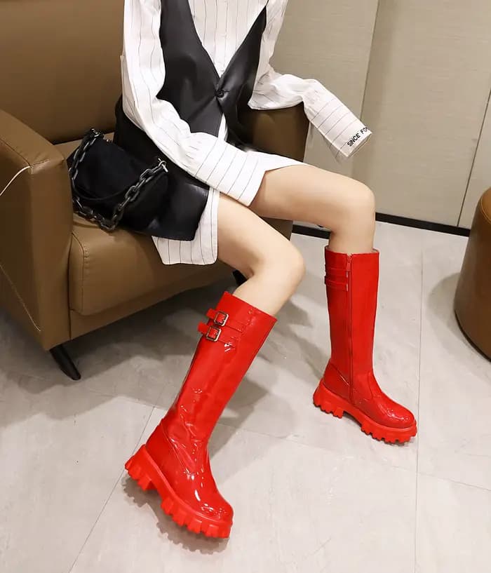 Bottes à Double boutonnage en cuir verni brillant pour femmes, longueur aux genoux, plateforme à fon