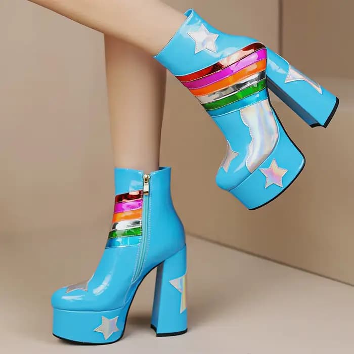 【JOCHEBED HU】 bottes courtes arc-en-ciel à plateforme très haute pour femmes ciel nuages fond épais