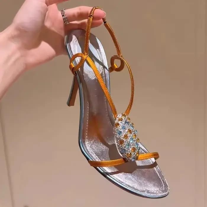 Nouvelles sandales d'été 2026 pour femme, en satin orange, décorées de strass, à talon aiguille, bou