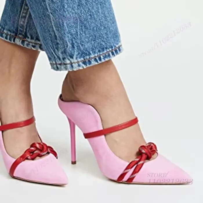 Rose rouge couture noué boucle sangle pantoufles Stiletto femmes pointu creux sandales été rouge tal