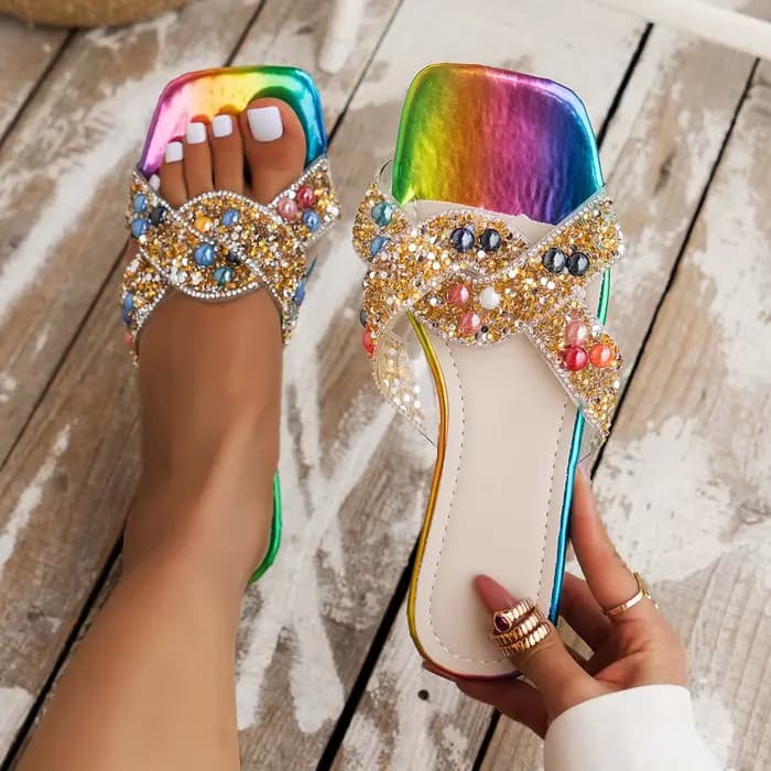 Sandales plates à diamants colorés pour femmes, pantoufles à semelle souple, légères et confortables