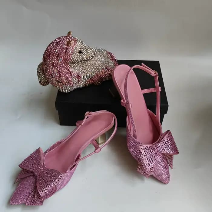 LNATISNOVA – ensemble de chaussures à talons hauts avec nœud en cristal rose pour femmes, sandales à