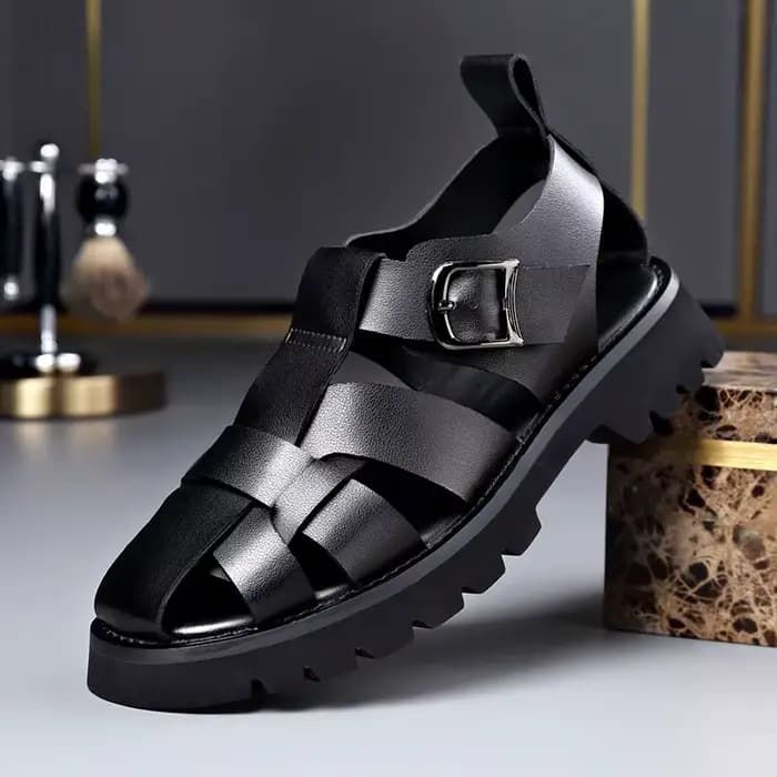 Sandales gladiateur été 2026, nouvelles sandales décontractées respirantes pour hommes, en cuir véritable, chaussures de plage ajourées, noires, tailles 38-48