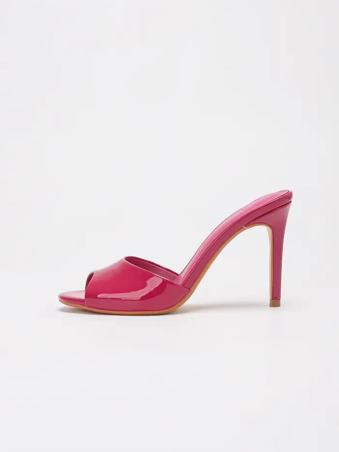 Sandales mules à talon aiguille en cuir PU verni brillant pour femme, à bout ouvert, à enfiler, pour soirée