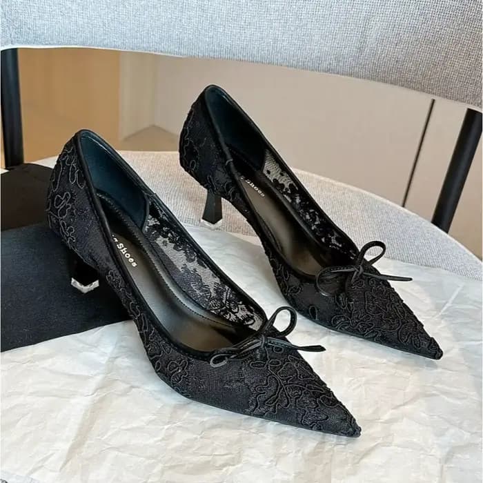 Escarpins Femme Printemps 2026 Nouveauté Dentelle Bout Pointu Nœud Maille Talon Fin Bouche Légère Couleur Unie