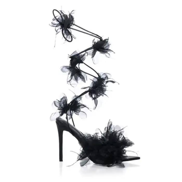 Sandales à talons aiguilles blanches à lacets et liseré de cheville, ornées de fleurs en tulle 3D, à bout ouvert, collection 2026, pour mariage, soirée et cérémonie