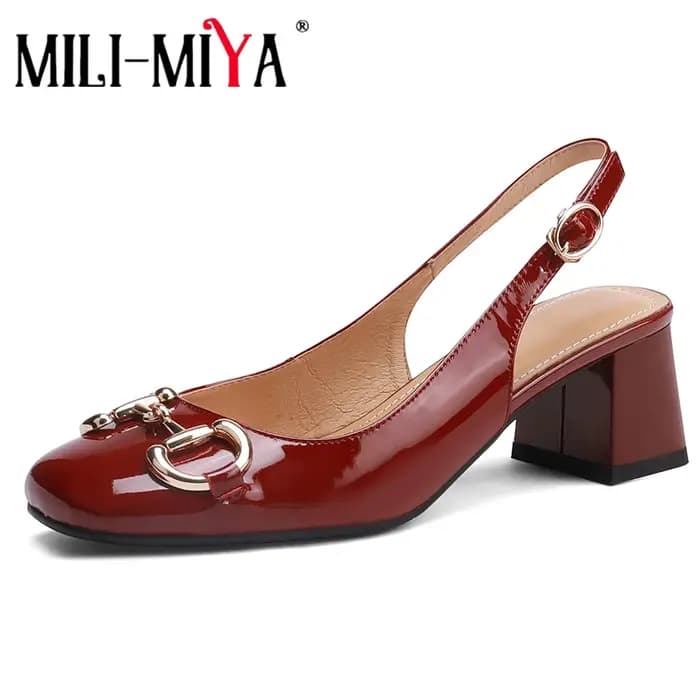 MIYA classique boucle en métal femmes en cuir verni pompes bout rond talons épais sans lacet grande taille 34-43