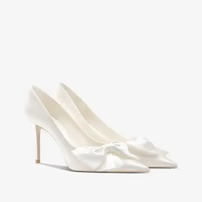Offre spéciale 2024 nouvelle mariée blanc Satin Bow Stiletto femmes talons hauts pompes sandales simples femme chaussures de mariage zapatos de mujer