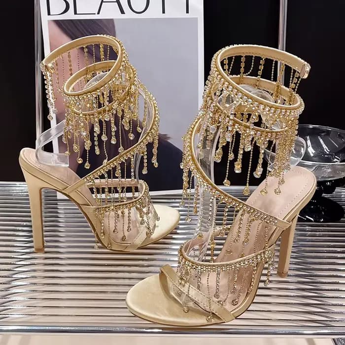 Chaussures dorées mode strass Peep Toe dames talons hauts