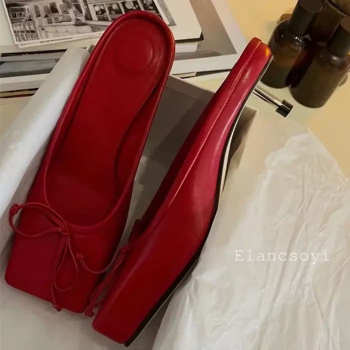 Printemps automne nœud décor mi talons demi pantoufles femmes bout carré chaton talons paresseux Mules chaussures loisirs de plein air vacances chaussures
