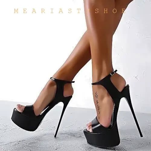 Offres spéciales 2025 Style d'été Sexy 16 cm femmes sandales plate-forme talons hauts bout ouvert boucles discothèque chaussure de fête noir grande taille 46