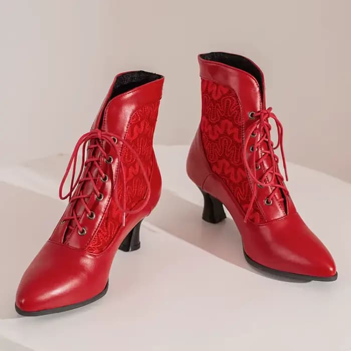 Femmes victorien bottines en cuir dentelle talon chaussures