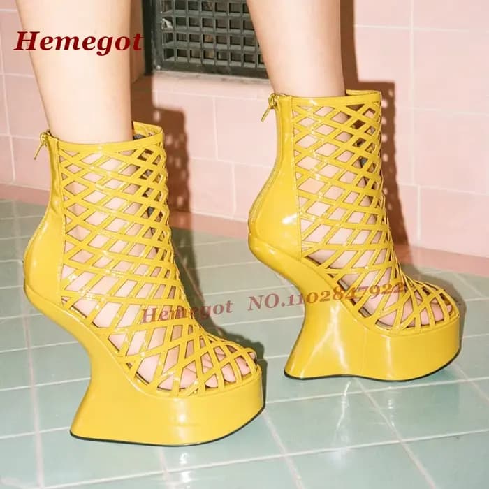 Sandales noires vernies à plateforme et talons hauts, style original, avec fermeture éclair arrière, pour femme, chaussures de soirée brillantes de luxe