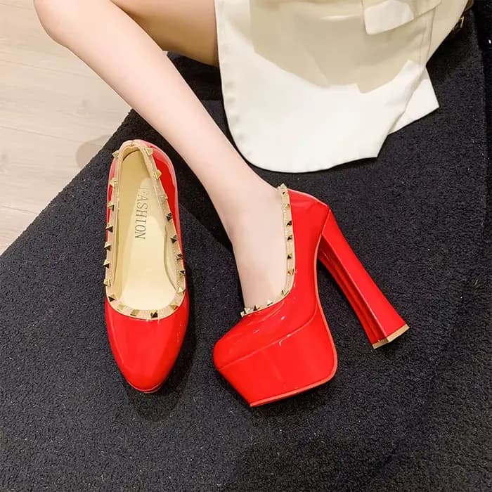 Chaussures Sexy à talons hauts et fond rouge pour femmes, grande taille, plateforme imperméable, talon épais, chaussures simples à tête ronde, matériau PU