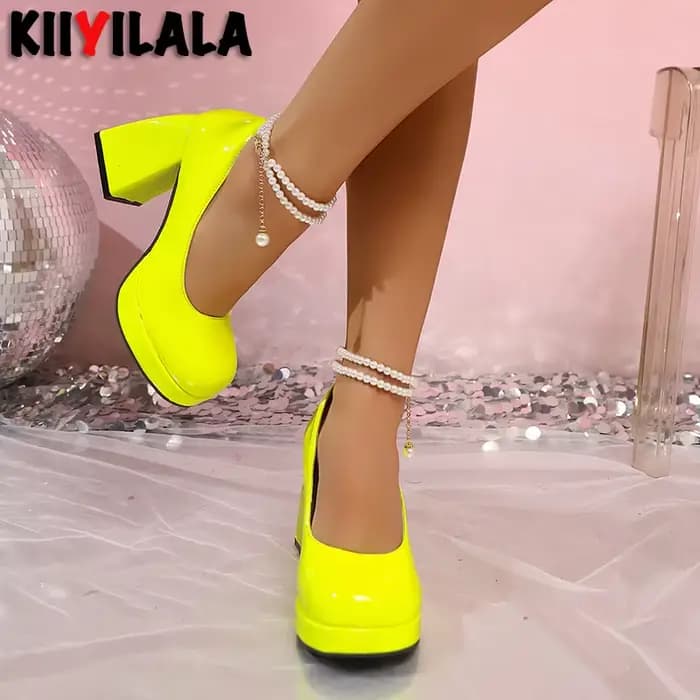 Escarpins à plateforme avec petite chaîne de perles, talons de 5.5cm, talon épais de 3.54 pouces, chaussures de danse Disco à bout pointu, talons hauts, grande taille 34-44