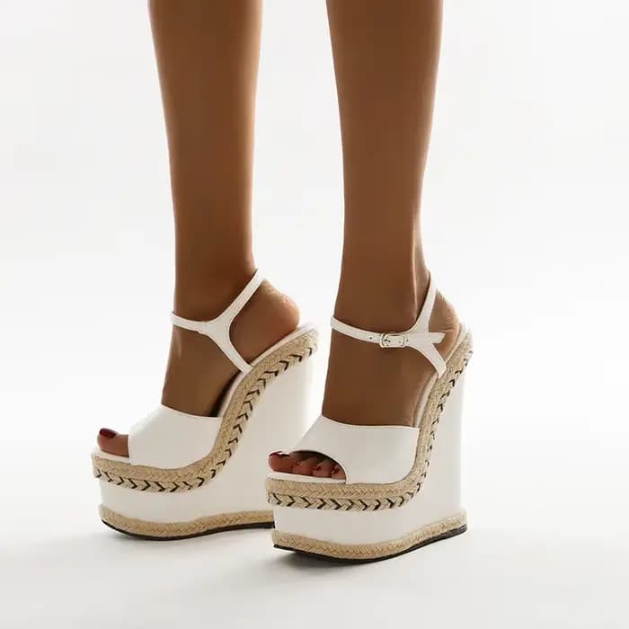 Sandales blanches à talons compensés pour femmes, taille 35-42, mode d'été, bout ouvert, sangle à boucle à la cheville, plate-forme, chaussures habillées pour dames
