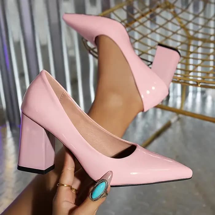 Escarpins à talons hauts en cuir verni rose pour femmes, escarpins à talons épais à enfiler, grande taille 43, chaussures de soirée à bout pointu pour dames