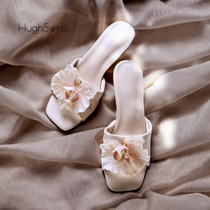 Élégant couleur nue papillon orchidée fleur Stiletto Mule glisser femme marque Design bout carré doux chaton talon pompe florale chaussure
