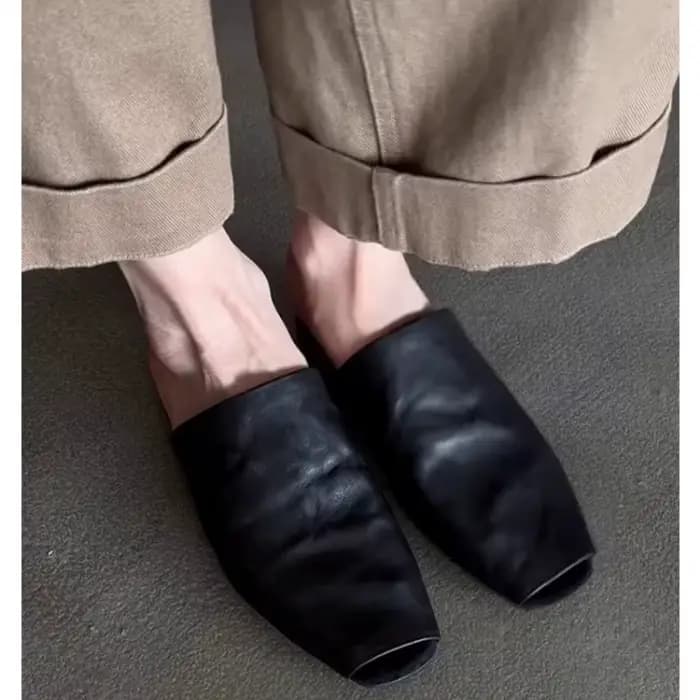 Mules pour femmes vêtements chauds femme carré bout fermé pantoufles peau de vache chaussures plates en cuir véritable