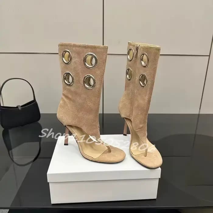 Nouvelles Bottes à Talons Hauts pour Femmes 2026 – Bottines Tendance à Bout Ouvert avec Cercle Métallique – Chaussures Femme Grande Taille