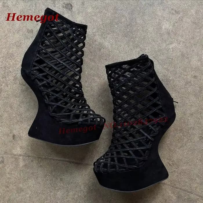 Sandales noires vernies à plateforme et talons hauts, style original, avec fermeture éclair arrière, pour femme, chaussures de soirée brillantes de luxe