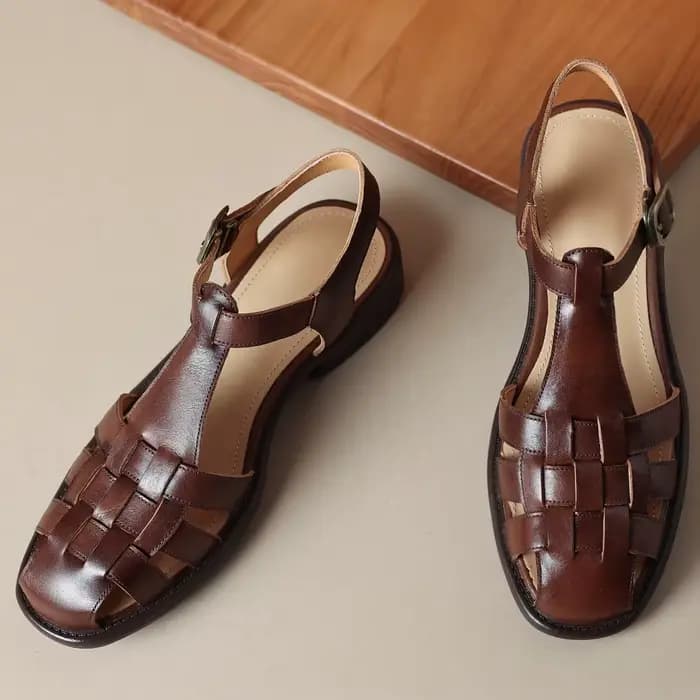 Femmes en cuir de vache bande étroite tressé t-strap sandales plates été décontracté femme style Rome gladiateur