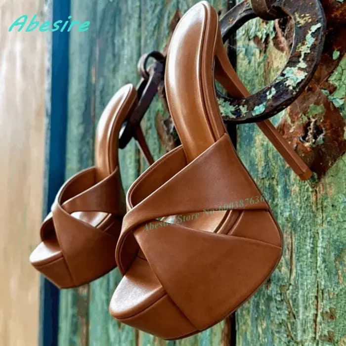 Mules à plateforme en cuir bordeaux à talons aiguilles, bout ouvert, à brides croisées, à enfiler, pour femme, pour l'extérieur, les soirées et le quotidien