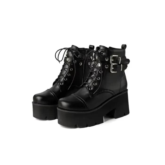 2025 femme moto bottes plate-forme chaussures à talons épais boucle talon haut bout rond fermeture éclair bottine Punk Goth Style Botas Mujer