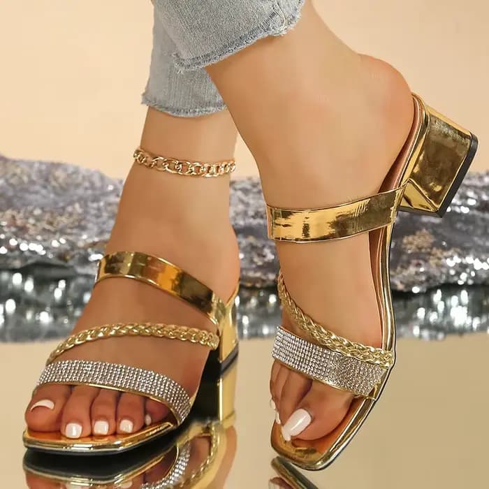 Sandales de luxe dorées à talons épais pour femme