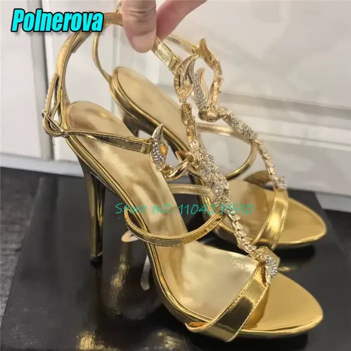 Cristal Scorpion décor t-strap sandales de luxe en cuir noir bout ouvert cheville boucle talons hauts été Sexy femmes