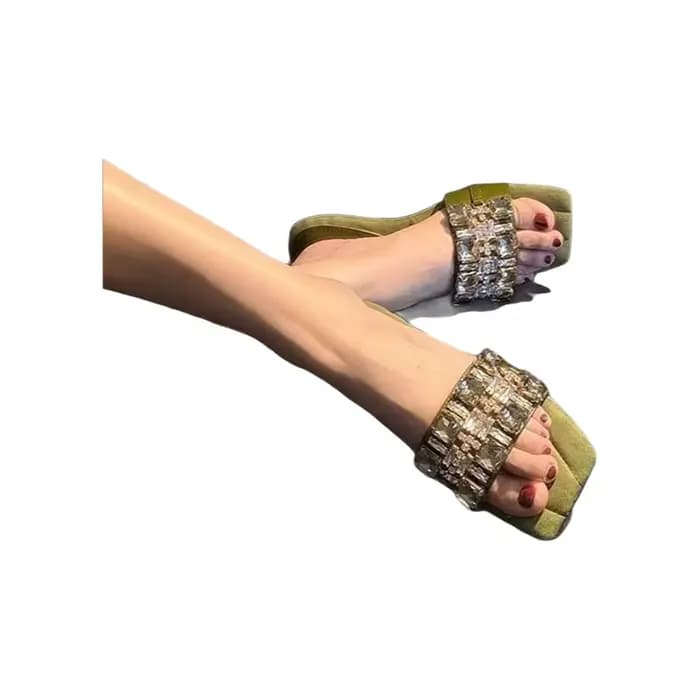 Sandales en cuir de mouton, élégance française, strass, sensation haut de gamme, pour femmes, été, extérieur, polyvalentes, talon épais, pantoufles
