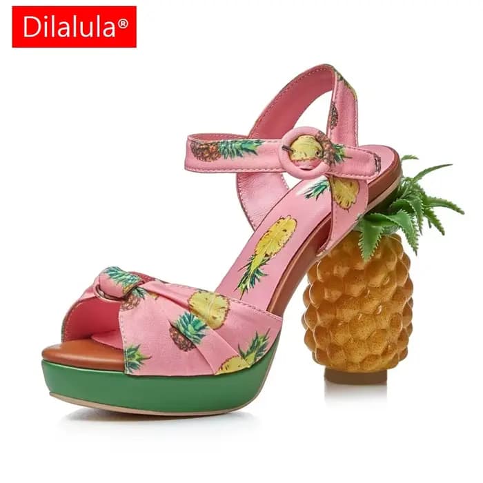 Dilalula 2026 Unique Super sandales à talons hauts femmes Peep orteil ananas imprimé chaussures de fête