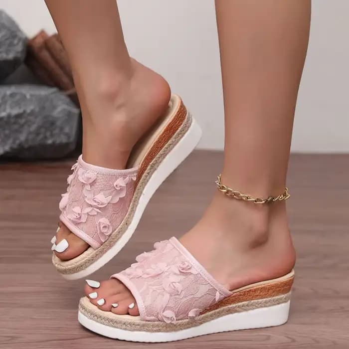 Sandales compensées à talons hauts roses pour femme