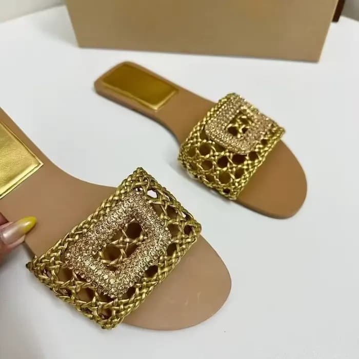 Sandales plates tissées dorées de haute qualité pour femmes