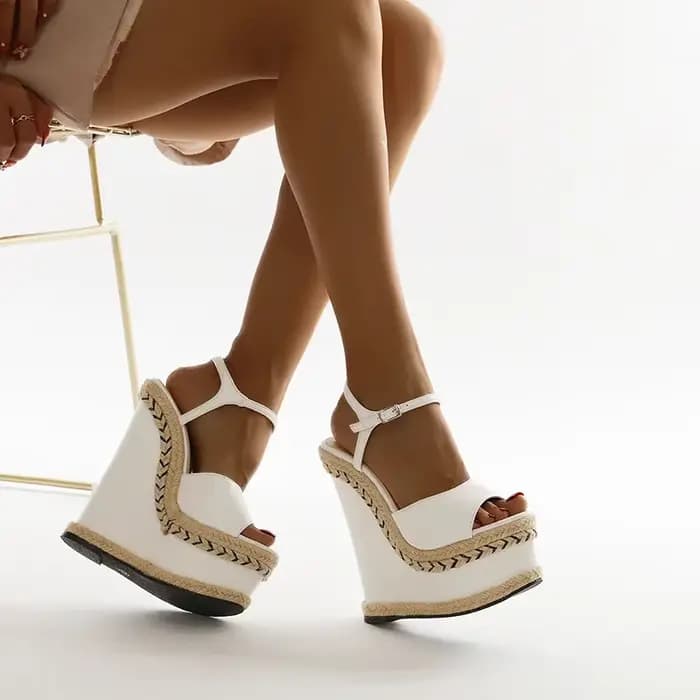 Sandales blanches à talons compensés pour femmes, taille 35-42, mode d'été, bout ouvert, sangle à boucle à la cheville, plate-forme, chaussures habillées pour dames