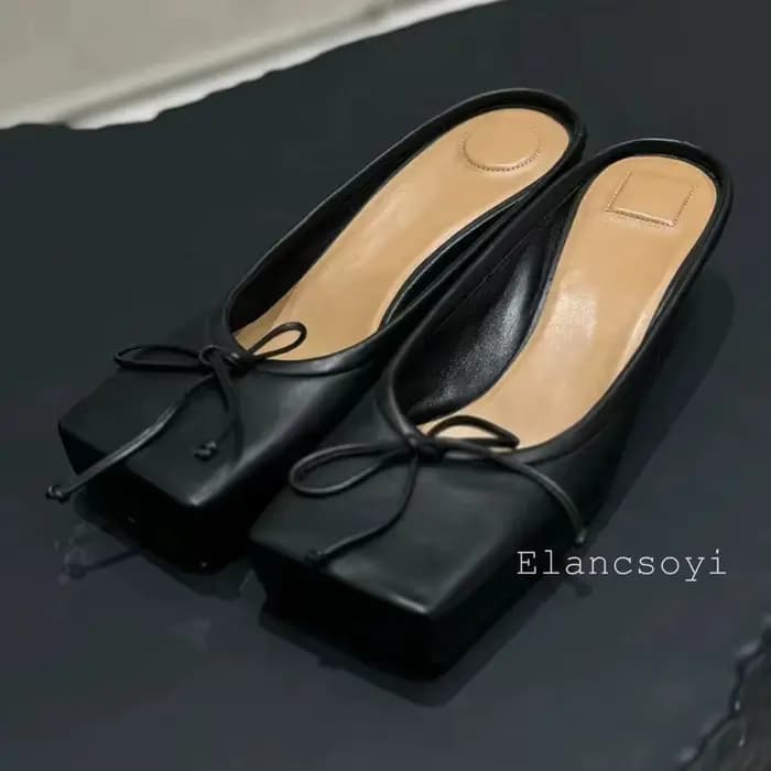 Printemps automne nœud décor mi talons demi pantoufles femmes bout carré chaton talons paresseux Mules chaussures loisirs de plein air vacances chaussures