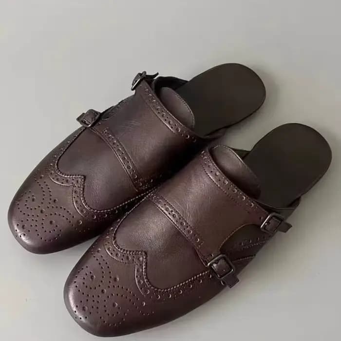 Mules élégantes à talon carré en cuir souple gaufré