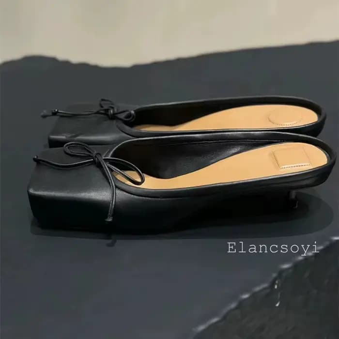 Printemps automne nœud décor mi talons demi pantoufles femmes bout carré chaton talons paresseux Mules chaussures loisirs de plein air vacances chaussures