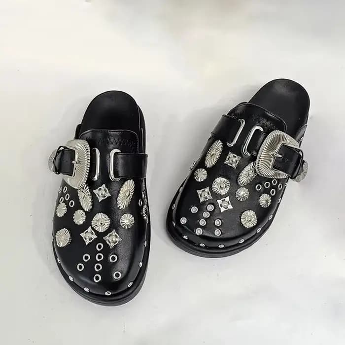 Mules en cuir punk rock pour femmes