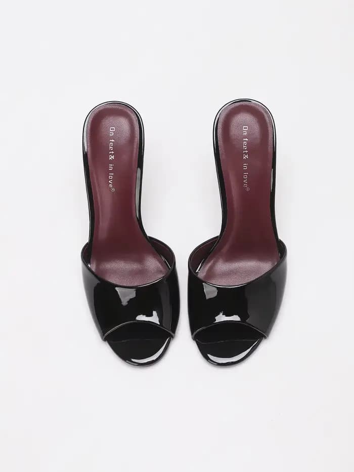 Sandales mules à talon aiguille en cuir PU verni brillant pour femme, à bout ouvert, à enfiler, pour soirée